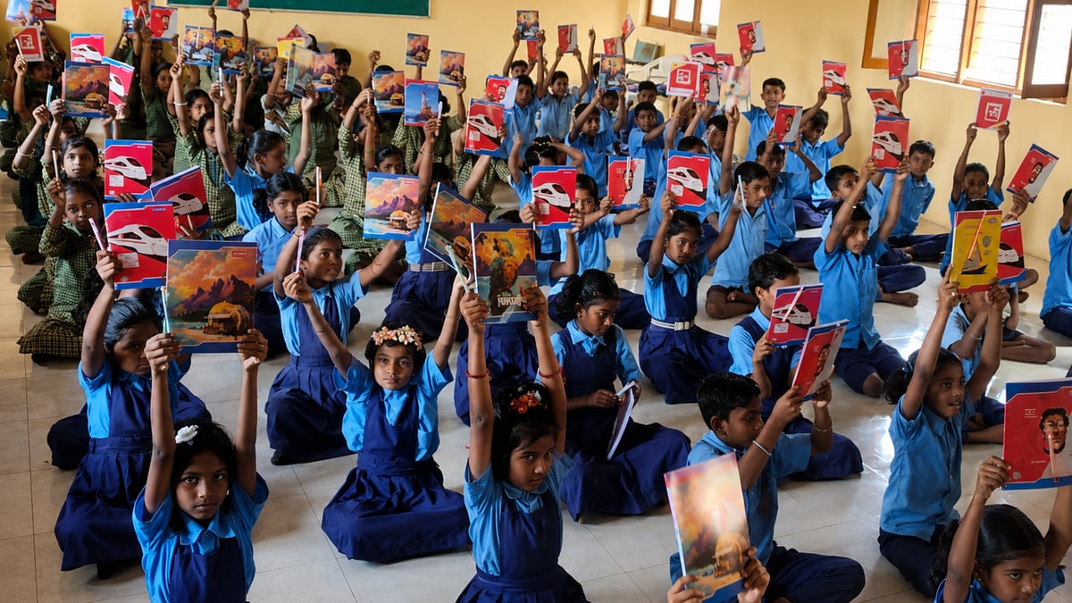 Students receiving notebooks and pens from Mahaa Foundation